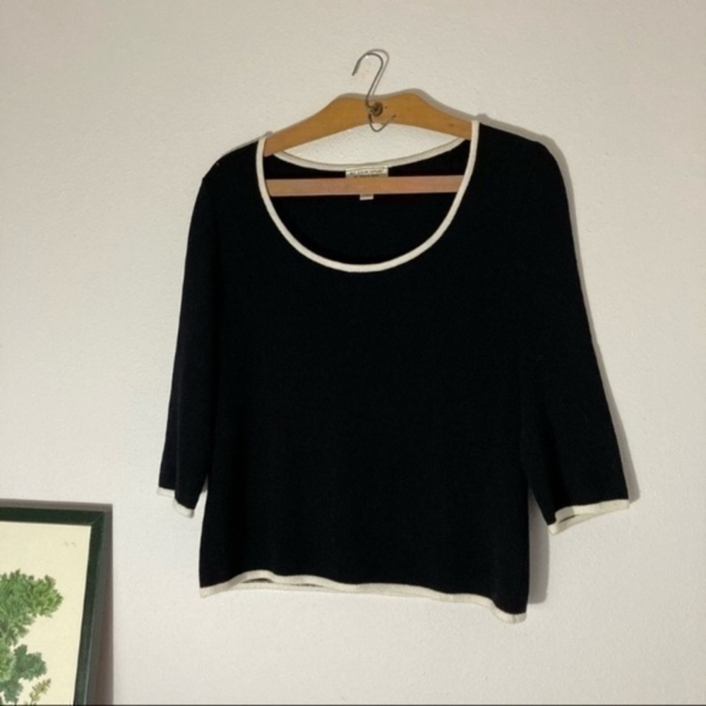 St. John black wool blend knit top w/ white edge